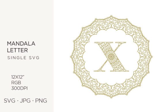 Golden Floral Mandala Frame, Letter X