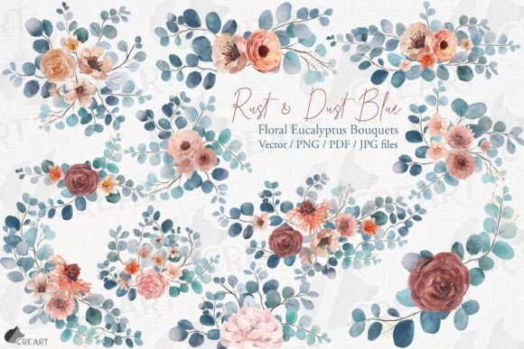 Rust Dust Blue Floral Eucalyptus Bouquet Graphics